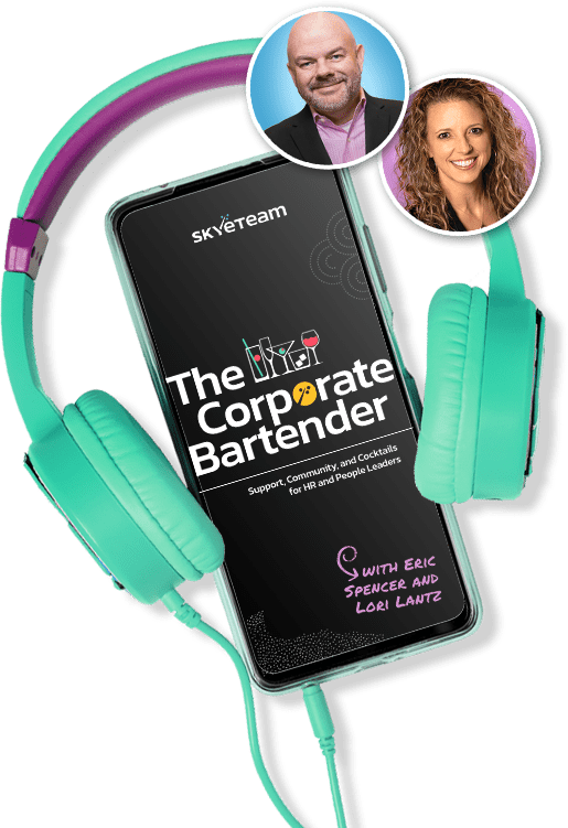 A phone with the image of "the Corporate Bartender" and headphone with a photo of the hosts Eric Spencer and Lori Lantz