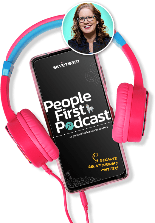 A phone with pink headphones for the podcast People First! with Morag Barrett includes a photo of Morag Barrett