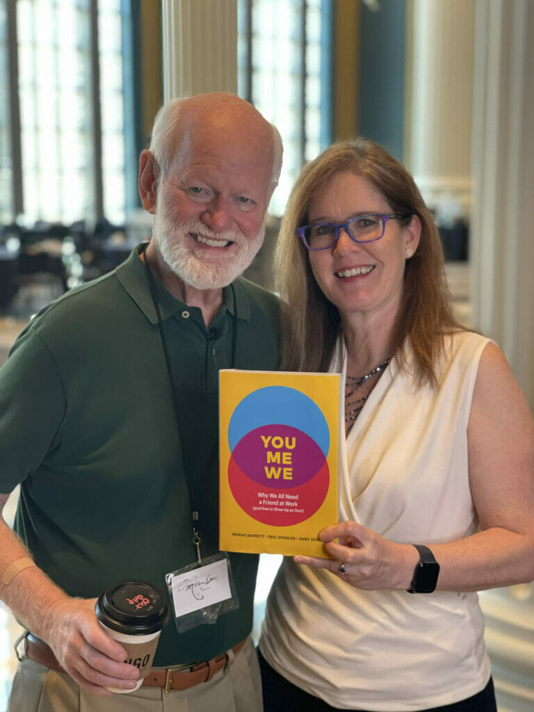 Dr. MArshall Goldsmith and Morag Barrett celebrating the success and launch of her new book You, Me, We. Why we all need a friend at work (and how to show up as one!)
