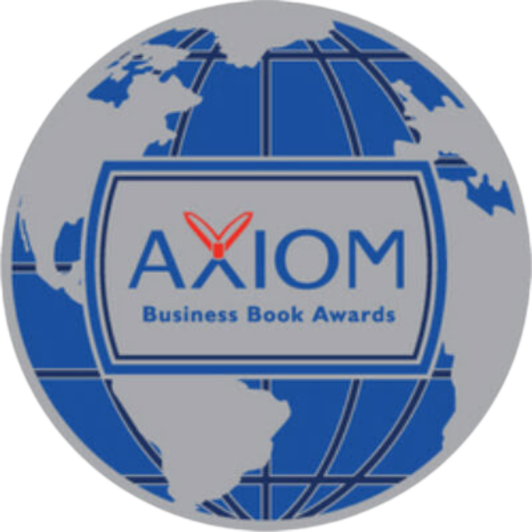 A round image that looks like the globe with the continents showing. In the middle is written AXIOM Business Book Awards