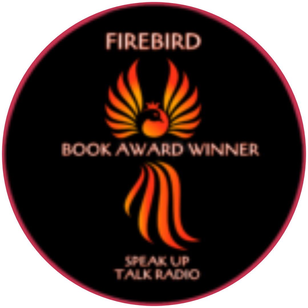 A round image with a black background. On it is an impage of a phoenix and the words FireBird Book Award winner,, Speak Up talk radio