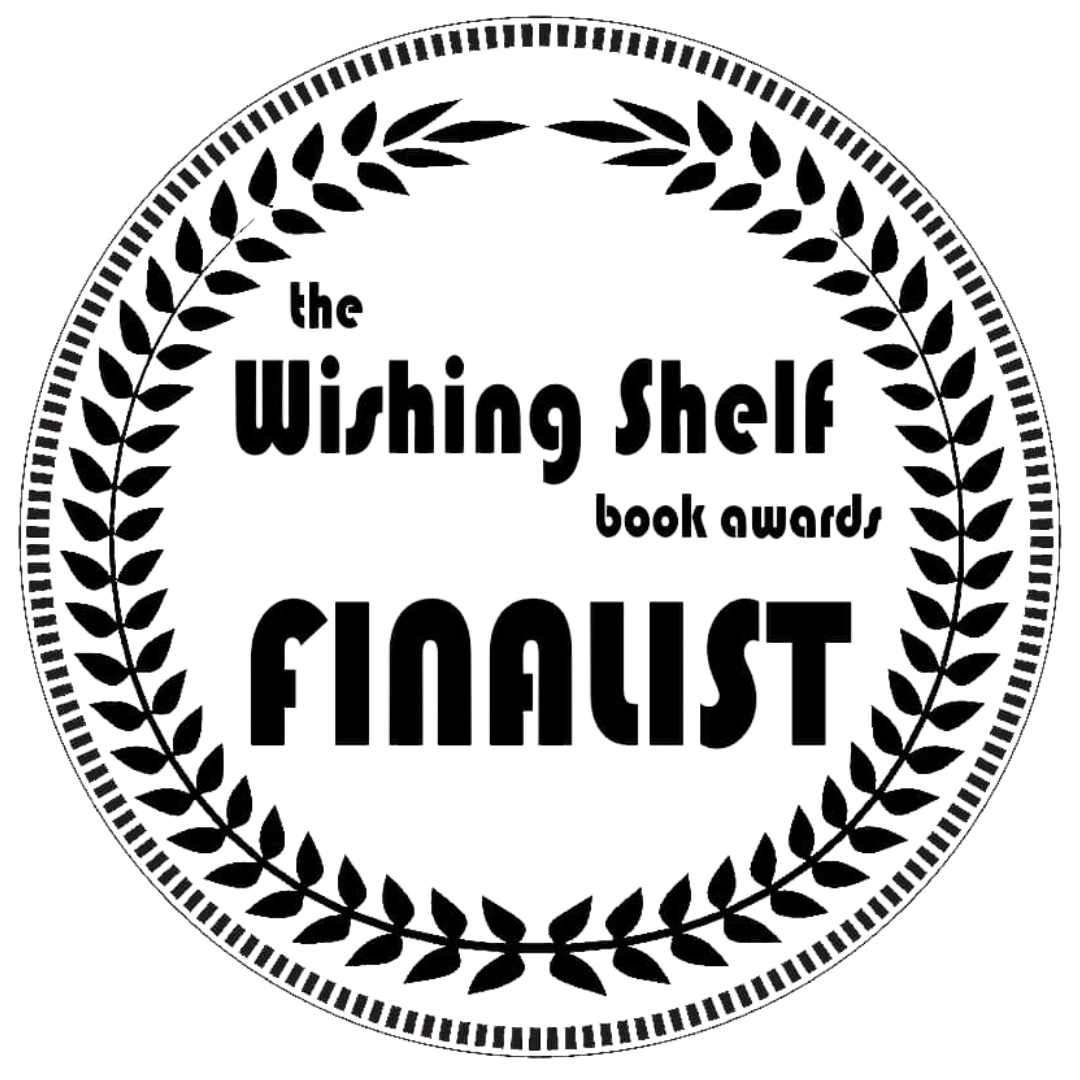 A round shape with laurel leaves around the edge. in the middle is written The Wishing Shelf Book Awards Finalist