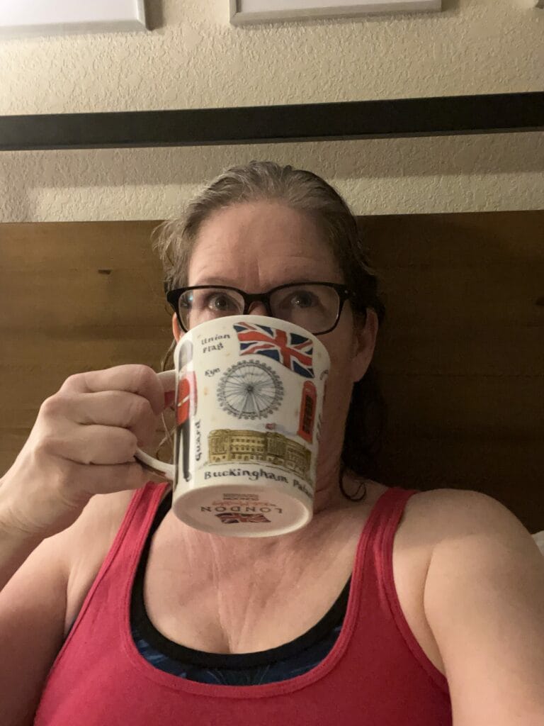 Morag Barrett post workout drinking a cup of tea