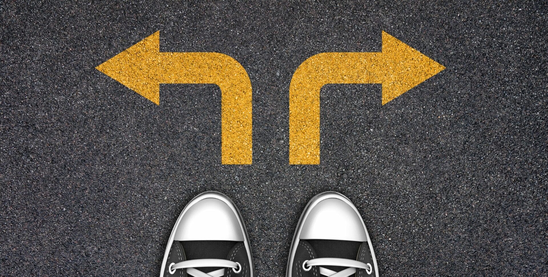 a pair of shoes with two arrows pointing in opposite directions representing a choice and connection