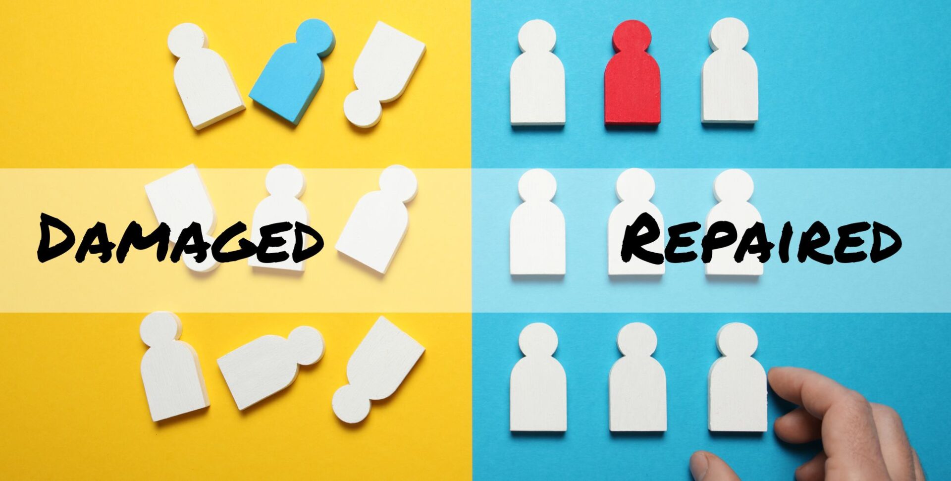 Damaged a Relationship SkyeTeam an image of two halves on the left 9 wooden blocks shaped like people all misaligned representing damaged a relationship - on the right the wooden people are all aligned a repaired relationship