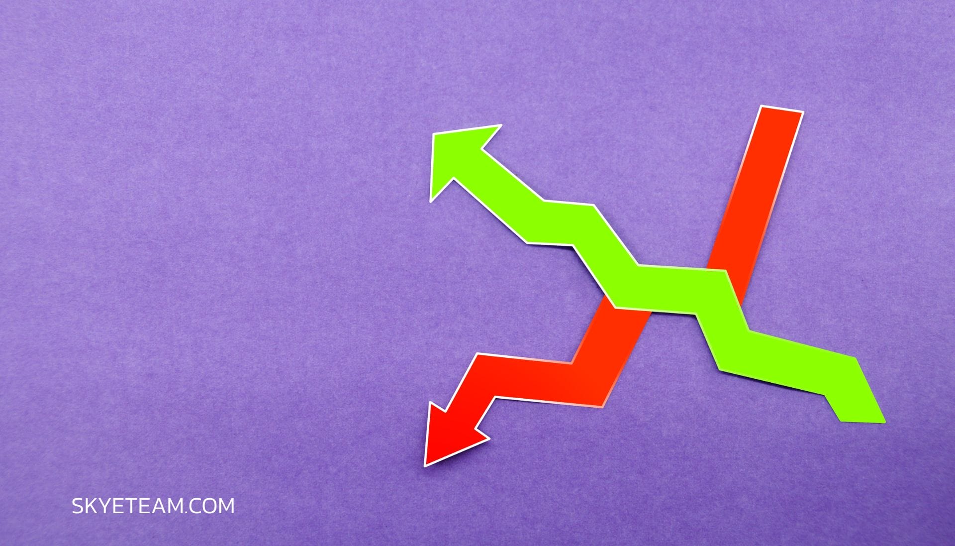 a purple background with two arrows red pointing down and green pointing up