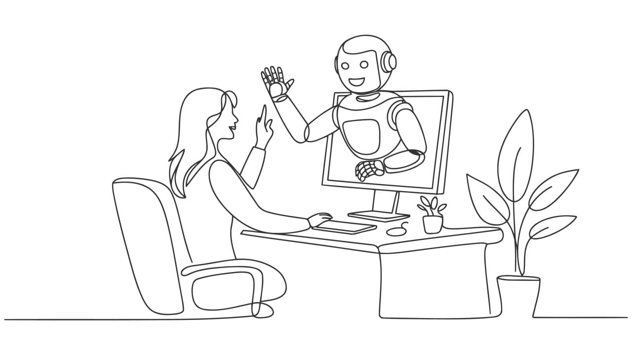 a line drawing of a robot colleague emerging from a computer screen high fiving a human colleague sitting at a desk representing workplace loneliness and AI
