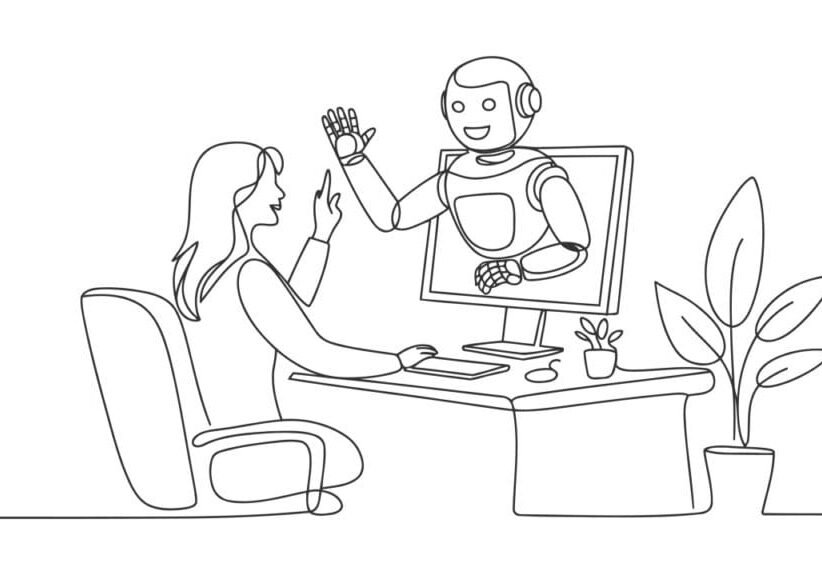 a line drawing of a robot colleague emerging from a computer screen high fiving a human colleague sitting at a desk representing workplace loneliness and AI