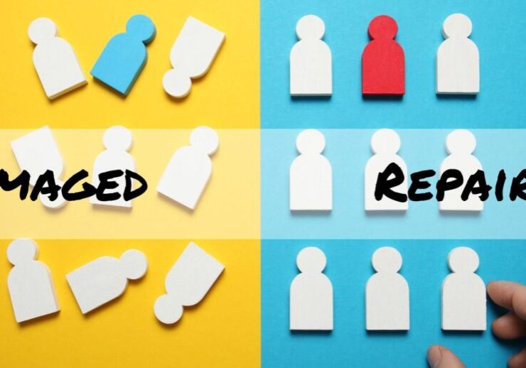 an image of two halves on the left 9 wooden blocks shaped like people all misaligned representing damaged a relationship - on the right the wooden people are all aligned a repaired relationship