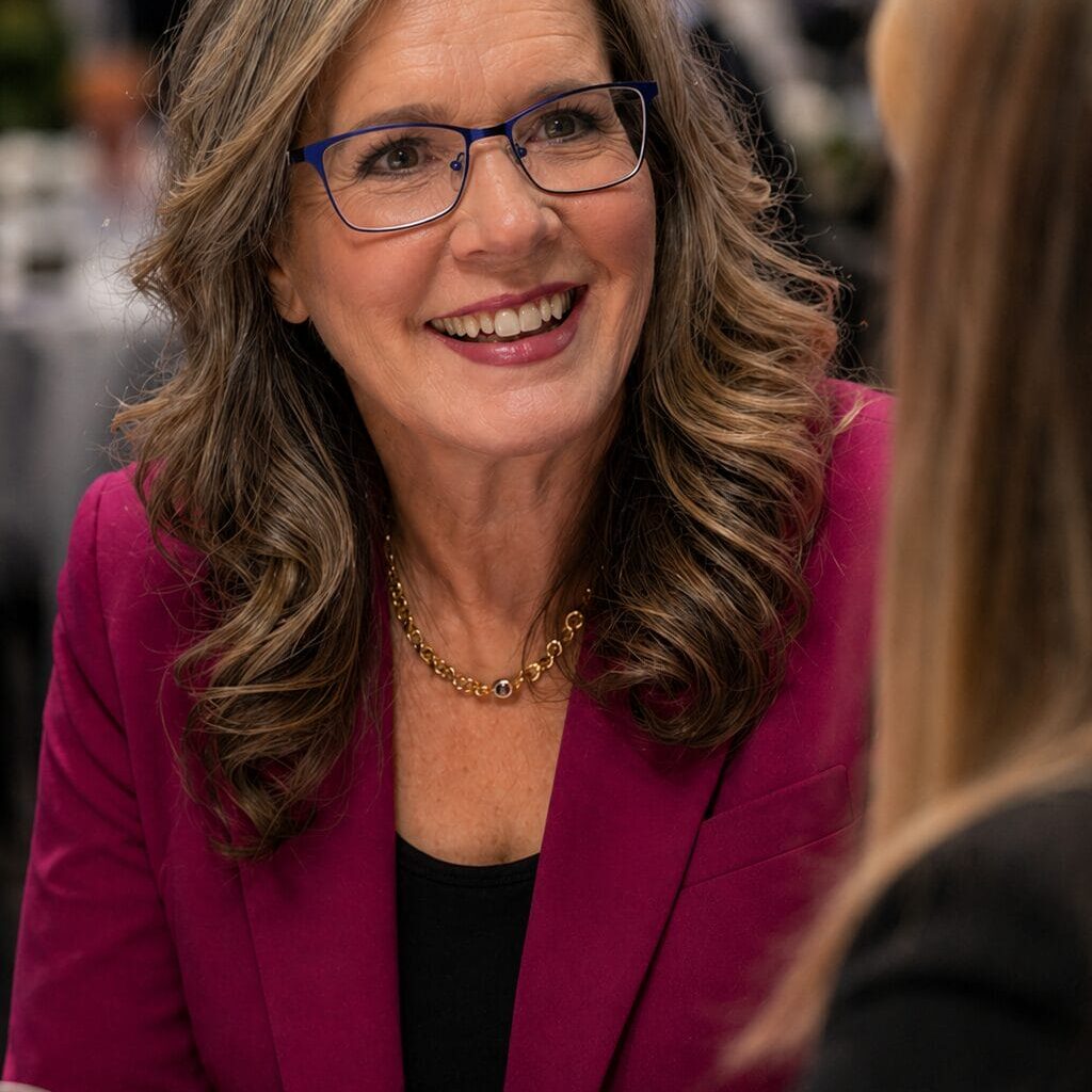 Morag Barrett wearing a pink suit talking to a conference attendee
